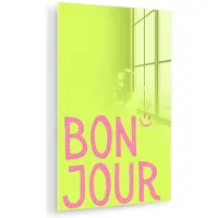 MuchoWow Glasschilderij 120x180 cm - Schilderij acrylglas - Groen - Smiley - Bonjour - Roze - Foto op glas - Muurdecoratie woonkamer - Wanddecoratie slaapkamer - Schilderijen