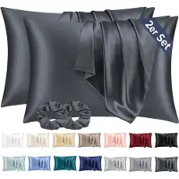 Famanu - Satijnen kussenslopen 40x70 cm donkergrijs set 2, zijdeachtig zacht voor haar en huid, envelopsluiting met 2 haarbandjes