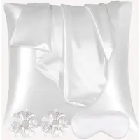 Famanu - Satijnen kussenslopen 65x65 cm wit set 2, zijdeachtig voor haar, inclusief 2 haarelastiekjes en oogmasker, glad en anti-frizz