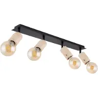 Globo Spotlamp spotlamp woonkamerlamp eetkamerlamp, 4 vlammen beweegbare spots, metaal hout naturel zwart mat, E27 stopcontacten, LxBxH 80x10x18cm