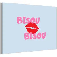 MuchoWow Aluminium schilderij 180x120 cm - Wanddecoratie metaal - Lippen - Bisou - Blauw - Metalen muurdecoratie woonkamer - Decoratie industrieel - Foto op dibond - Industriële accessoires slaapkamer