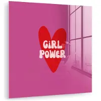 MuchoWow Glasschilderij 50x50 cm - Schilderij acrylglas - Girl power - Hart - Roze - Rood - Foto op glas - Muurdecoratie woonkamer - Wanddecoratie slaapkamer - Schilderijen