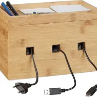 Famanu – Kabelbox bamboe - kabelmanagement - HxBxD: 16,5 x 25,5 x 14 cm - bureau multi-oplaadstation - cable box - natuur