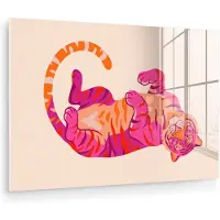 MuchoWow Glasschilderij 120x80 cm - Schilderij acrylglas - Tijger - Roze - Oranje - Foto op glas - Muurdecoratie woonkamer - Wanddecoratie slaapkamer - Schilderijen