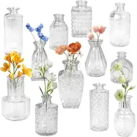 Famanu - 12 Set glazen vaas, vazen kleine tafel decoratie voor het bureau, kleine vazen voor tafeldecoraties in vintage stijl, geschikt voor bloemstukken, eettafels, woonkamer en bruiloftdecoraties