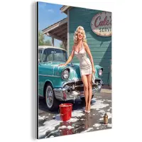 MuchoWow Aluminium schilderij 120x160 cm - Wanddecoratie metaal - Auto - Vrouw - Groen - Metalen muurdecoratie woonkamer - Decoratie industrieel - Foto op dibond - Industriële accessoires slaapkamer