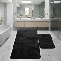 Famanu – Antislip badmat badtapijt Zwart - set van 2 (60 x 100 cm)+(50 x 60 cm) Relax pluche - Zachte bad - en douchemat machinewasbaar - sneldrogend badmat
