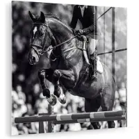MuchoWow Glasschilderij 90x90 cm - Schilderij acrylglas - Springen - Paard - Zwart - Wit - Foto op glas - Muurdecoratie woonkamer - Wanddecoratie slaapkamer - Schilderijen