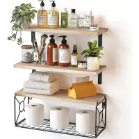 Famanu - Houten wandrek met draadframe, set van 4, natuurlijk design voor badkamer of woonkamer