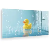 MuchoWow Glasschilderij 120x60 cm - Schilderij acrylglas - Bubbels - Badeend - Geel - Foto op glas - Muurdecoratie woonkamer - Wanddecoratie slaapkamer - Schilderijen