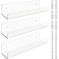 Famanu – Set van 3 transparante acryl zwevende boekenplanken, decoratieve wandplanken met opstaande rand voor woonkamer, keuken, badkamer of kantoor