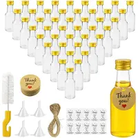 Famanu - 40 Stuks Mini likeurflessen 25 ml met schroefdop, trechter, labels, touw en borstel, herbruikbare plastic shotflessen voor bruiloften en feesten – Transparant