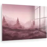 MuchoWow Glasschilderij 60x40 cm - Schilderij acrylglas - Landschap - Mistig - Roze - Foto op glas - Muurdecoratie woonkamer - Wanddecoratie slaapkamer - Schilderijen