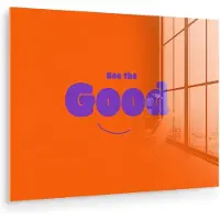 MuchoWow Glasschilderij 80x60 cm - Schilderij acrylglas - See the good - Paars - Oranje - Smiley - Foto op glas - Muurdecoratie woonkamer - Wanddecoratie slaapkamer - Schilderijen
