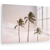 MuchoWow Glasschilderij 60x40 cm - Schilderij acrylglas - Palmbomen - Zonsondergang - Roze - Foto op glas - Muurdecoratie woonkamer - Wanddecoratie slaapkamer - Schilderijen
