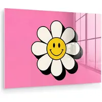 MuchoWow Glasschilderij 120x80 cm - Schilderij acrylglas - Smiley - Bloem - Roze - Foto op glas - Muurdecoratie woonkamer - Wanddecoratie slaapkamer - Schilderijen