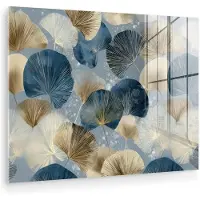 MuchoWow Glasschilderij 40x30 cm - Schilderij acrylglas - Bladeren - Abstract - Goud - Blauw - Foto op glas - Muurdecoratie woonkamer - Wanddecoratie slaapkamer - Schilderijen