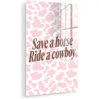 MuchoWow Glasschilderij 80x120 cm - Schilderij acrylglas - Koeienprint - Roze - Cowboy - Horse - Foto op glas - Muurdecoratie woonkamer - Wanddecoratie slaapkamer - Schilderijen