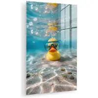 MuchoWow Glasschilderij 20x30 cm - Schilderij acrylglas - Duikbril - Eend - Water - Foto op glas - Muurdecoratie woonkamer - Wanddecoratie slaapkamer - Schilderijen