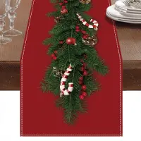 Famanu - Tafelloper, rood linnen kersttafellopers tafelkleed met kerstboombellen Kerstrietprint, diner kersttafeldecoratie voor kersttafel...