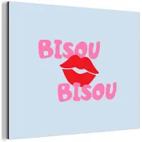 MuchoWow Aluminium schilderij 40x30 cm - Wanddecoratie metaal - Lippen - Bisou - Blauw - Metalen muurdecoratie woonkamer - Decoratie industrieel - Foto op dibond - Industriële accessoires slaapkamer