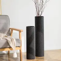 Famanu – Zwarte Grote Vloervaas: 70 55 cm Hoge Vazen Staande Set van 2 Metalen Hoge Vloer Vaas voor Woonkamer Moderne Honingraat Textuur Bloemen Vaas voor Eetkamer Slaapkamer Home Hoek Hal Kantoor