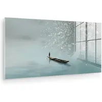 MuchoWow Glasschilderij 80x40 cm - Schilderij acrylglas - Bloesems - Minimalistisch - Wateroppervlak - Boot - Foto op glas - Muurdecoratie woonkamer - Wanddecoratie slaapkamer - Schilderijen