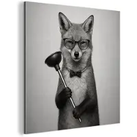 MuchoWow Aluminium schilderij 20x20 cm - Wanddecoratie metaal - Vos - WC-ontstopper - Zwart - Wit - Metalen muurdecoratie woonkamer - Decoratie industrieel - Foto op dibond - Industriële accessoires slaapkamer