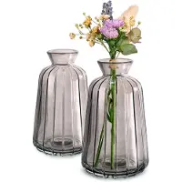 Famanu – Mini Glazen Vaasjes - Set van 6 - Vintage Stijl - Stevige Kleine Vazen - Vaatwasmachinebestendig - Perfect voor Tafeldecoratie bij Bruiloften - Grijs