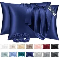 Famanu - Satijnen kussenslopen 40x80 cm marine set 2, zijdeachtig zacht voor haar en huid, envelopsluiting met 2 haarbandjes