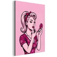MuchoWow Aluminium schilderij 90x120 cm - Wanddecoratie metaal - Vintage - Vrouw - Roze - Metalen muurdecoratie woonkamer - Decoratie industrieel - Foto op dibond - Industriële accessoires slaapkamer
