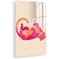MuchoWow Glasschilderij 60x90 cm - Schilderij acrylglas - Tijger - Roze - Oranje - Foto op glas - Muurdecoratie woonkamer - Wanddecoratie slaapkamer - Schilderijen