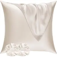 Famanu - van 2 Satijn Kussensloop 60x60 Beige, zo Zacht als Zijden Kussensloop,Goed voor haar en huid Envelopsluiting met 2 Haarbandjes