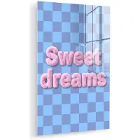MuchoWow Glasschilderij 120x180 cm - Schilderij acrylglas - Sweet dreams - Vierkanten - Roze - Blauw - Foto op glas - Muurdecoratie woonkamer - Wanddecoratie slaapkamer - Schilderijen