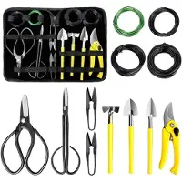 Famanu - Bonsai Set 13 Stks Koolstofstaal Succulent Tuinieren Trimmen Kit Inclusief Snoeischaar, Schaar, Mini Hark, Ronde en Puntige Schop &Training Draad in PU synthetisch materiaal Tas
