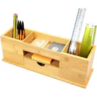 Famanu – Bureau-organizer met lade – brede schrijfwaren organizer – 5 vakken – gemaakt van bamboe
