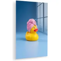 MuchoWow Glasschilderij 40x60 cm - Schilderij acrylglas - Badeend - Handdoek - Blauw - Foto op glas - Muurdecoratie woonkamer - Wanddecoratie slaapkamer - Schilderijen
