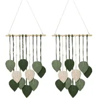 Famanu – Set van 2 wanddecoraties – handgemaakt – geweven wandtapijt – boho-stijl, groen – met houten kralen – geschikt voor woonkamer of hal
