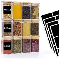 Famanu – Set van 12 glazen voorraadpotten - 280 ml - vierkant - houten deksel - stapelbaar - voor keukenkruiden