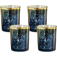Famanu - Mercury Glas Theelichthouder, Bruiloft/Feestdecoraties (Set van 4), Navy/Goud