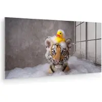 MuchoWow Glasschilderij 120x60 cm - Schilderij acrylglas - Welpje - Bad - Geel - Foto op glas - Muurdecoratie woonkamer - Wanddecoratie slaapkamer - Schilderijen