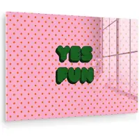 MuchoWow Glasschilderij 150x100 cm - Schilderij acrylglas - Yes fun - Groen - Roze - Stippen - Foto op glas - Muurdecoratie woonkamer - Wanddecoratie slaapkamer - Schilderijen