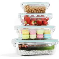 Famanu - Glazen container met deksel, 4-delig, borosilicaatglas, luchtdicht en lekvrij, voorraaddozen voor koelkast, vriezer en magnetron, 1040 ml, 640 ml, 370 ml, 180 ml