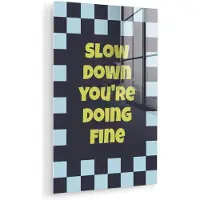 MuchoWow Glasschilderij 100x150 cm - Schilderij acrylglas - Patroon - Geblok - Blauw - Slow down you're doing fine - Foto op glas - Muurdecoratie woonkamer - Wanddecoratie slaapkamer - Schilderijen