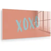 MuchoWow Glasschilderij 80x40 cm - Schilderij acrylglas - XOXO - Blauw - Perzikkleur - Foto op glas - Muurdecoratie woonkamer - Wanddecoratie slaapkamer - Schilderijen