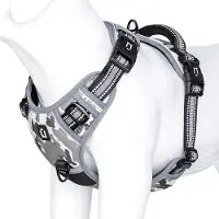 Famanu – No-pull hondentuig voor alle maten honden, ademend en reflecterend hondenharnas met gevoerde handgreep, camo grijs, maat M