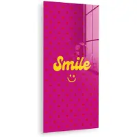 MuchoWow Glasschilderij 40x80 cm - Schilderij acrylglas - Smile - Stippen - Geel - Smiley - Roze - Foto op glas - Muurdecoratie woonkamer - Wanddecoratie slaapkamer - Schilderijen