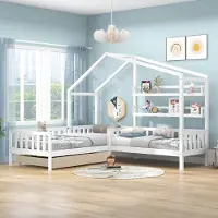 Merax kinderbed 90x200 cm / 140x70 cm met valbeveiliging, lades en planken, L-vormig huisbed van grenenhout voor 2 kinderen