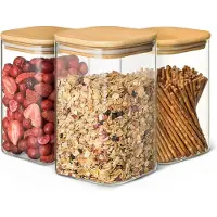 Famanu - Glazen Glazen Voorraadpotten met Houten Deksel - 3-delige Vierkant met Bamboe Deksel - Luchtdicht - 1L - Doorzichtige Borosilicaatglas