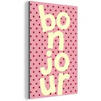 MuchoWow Aluminium schilderij 120x180 cm - Wanddecoratie metaal - Bonjour - Stippen - Roze- Geel - Metalen muurdecoratie woonkamer - Decoratie industrieel - Foto op dibond - Industriële accessoires slaapkamer